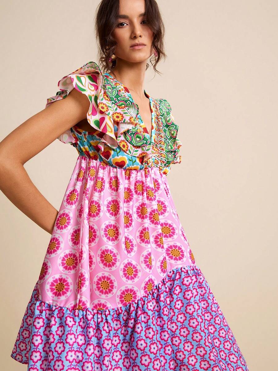 LOTSLUV Gaun Pendek Wanita Model A-Line Leher V dengan Motif Patchwork Bunga Merah Muda dan Kontras, Cocok untuk Musim Panas, Gaya Boho, Pesta Taman, Liburan, dan Liburan Elegan. - MultiWarna - View 1