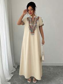 Rafferiza Contrast Color Embroidered Jewel Collar Loose Long Dress For Women - Apricot - View 8