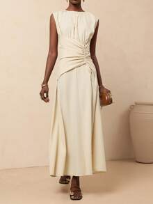 Vesra Vestido midi de línea A con diseño de cintura ceñida, cuello redondo y cordón para vacaciones de estilo vintage y casual para mujeres - Albaricoque - Ver 5
