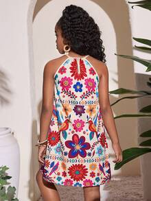 SHEIN Tween Girls' Casual Vacation Tropical Print Halter Dress - Red - View 6