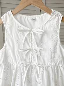 SHEIN Tween Girls' Casual Everyday Vacation Textured Bow Front Blouse - White - View 4