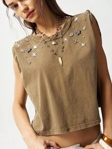 Bohemela Áo tank top nữ cổ tròn dệt kim màu trơn phong cách Boho, đính đá lấp lánh, kiểu dáng ôm sát. - Màu nâu  Mocha - Xem 6