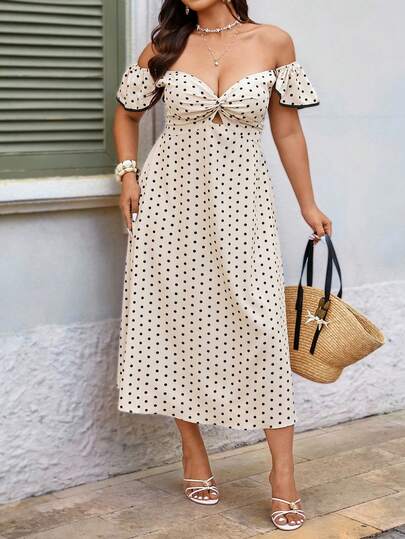 Breezaya 大码女式梭织波点荷叶袖V领扭结前襟优雅连衣裙，春夏款