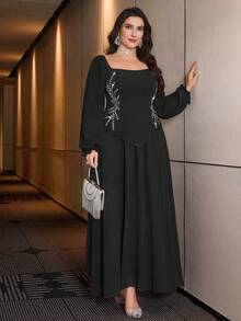 Modelyn Plus Size Women Long Sleeve Fitted Flowing Sparkling Rhinestone Off-Shoulder Flowing Chiffon Skirt 2-Piece Set - Black - View 4