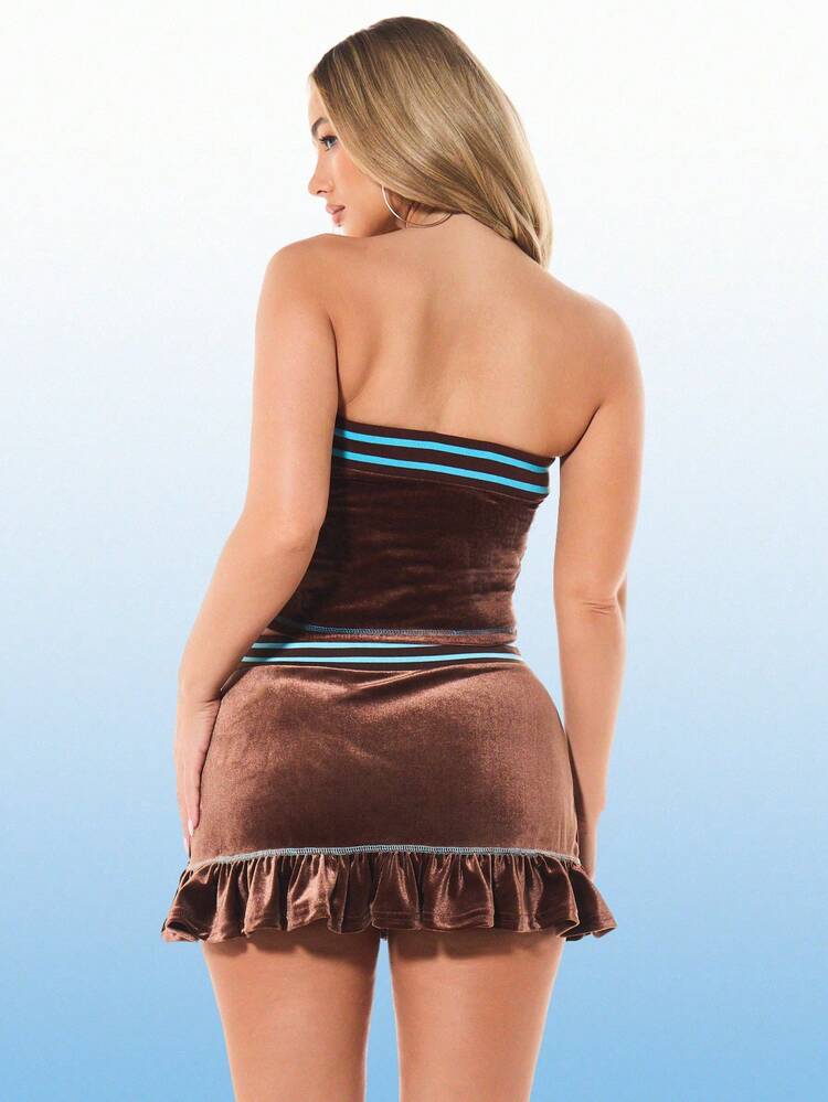 BABYPHAT Women Luxe Velour Bandeau Strapless Tube Top With Contrast Stitching And Drawstring Detail Fall Winter