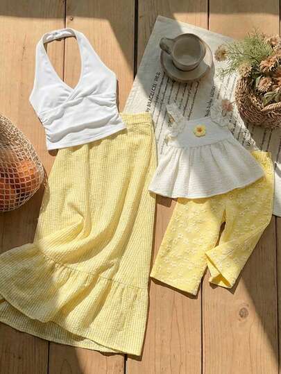 SHEIN 女婴可爱度假休闲黄色印花吊带背心和裤子套装