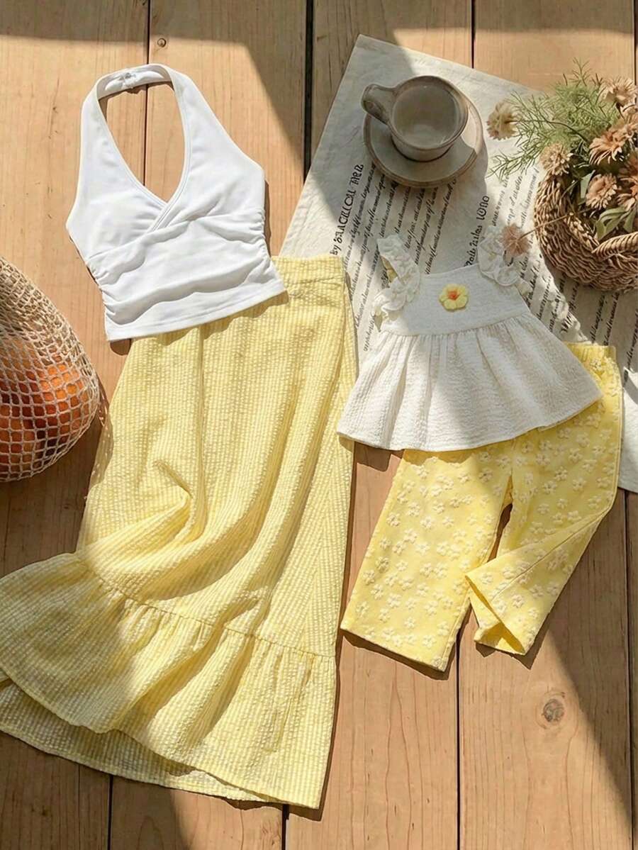 SHEIN 女婴可爱度假休闲黄色印花吊带背心和裤子套装 - 黃色 - 查看 1