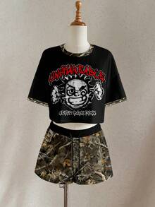 Slaydiva 两件套女士休闲印花圆领短袖上衣和短裤套装 - 彩色 - 查看 3