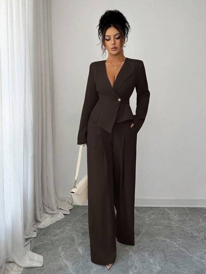Elenzga Elegant V-Neck Two Pieces Set For Women, A Sophisticated Women's Suit, Perfect For New Year's Wear. This High-End, Dignified Long-Sleeved Set Features A Uniquely Cinched Waist With An Asymmetrical Hem, Paired With Loose-Fitting Straight-Leg Wide-Leg Trousers. An Elegant And Professional Set, Suitable For Thanksgiving And Halloween Celebrations. A Must-Have For Autumn, This New Style Is Perfect For Work Commutes In Autumn And Winter, Suitable For Business Casual Occasions.