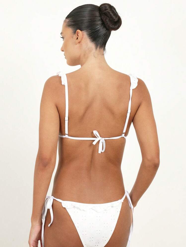 KSTM Damen Dreieck String Bikini Hose mit Rüschendetails und Seitenbändern, Sommerstrand Bademode mit freizügiger Passform, Weiß