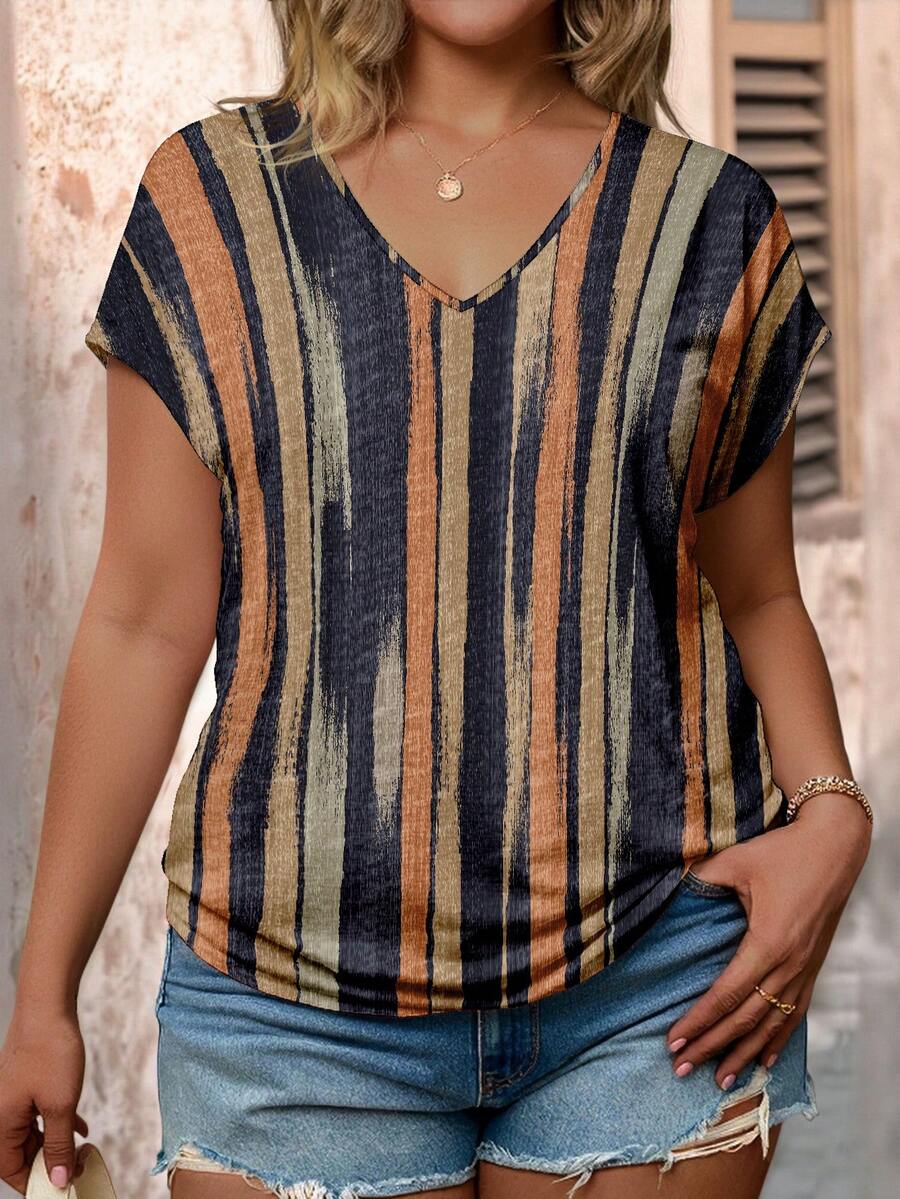 EMERY ROSE Plus Size Women V-Neck Printed Short Sleeve T-Shirt, Casual And Comfortable Top - Multicolor - View 1
