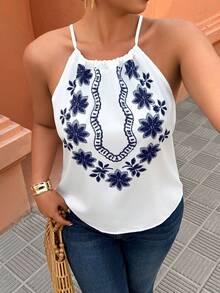 Breezaya Plus Size Women's Vacation Halter Neck Leaf Print Tank Top, Spring/Summer - Multicolor - View 5