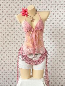 INAWLY 女士度假沙滩花卉刺绣网纱露背吊带上衣 - 粉色 - 查看 4