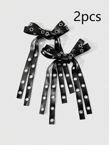 ROMWE Grunge Punk 2 Y2k 暗黑哥特复古朋克宝贝，黑色皮革金属空气眼双层蝴蝶结发夹，鸭嘴夹，侧夹，组合套装，适合姐妹和女朋友日常佩戴，节日礼物。 - 黑色-23 - 查看 4