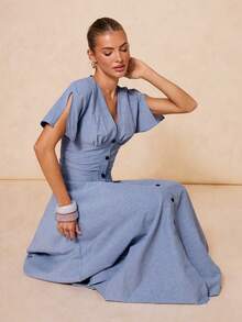 Lumalex 棉混纺V领宽松袖收腰连衣裙（女款） - 霧霾藍 - 查看 8