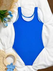 海军蓝和淡蓝色撞色镂空设计少女连体泳衣 - 霧霾藍 - 查看 3