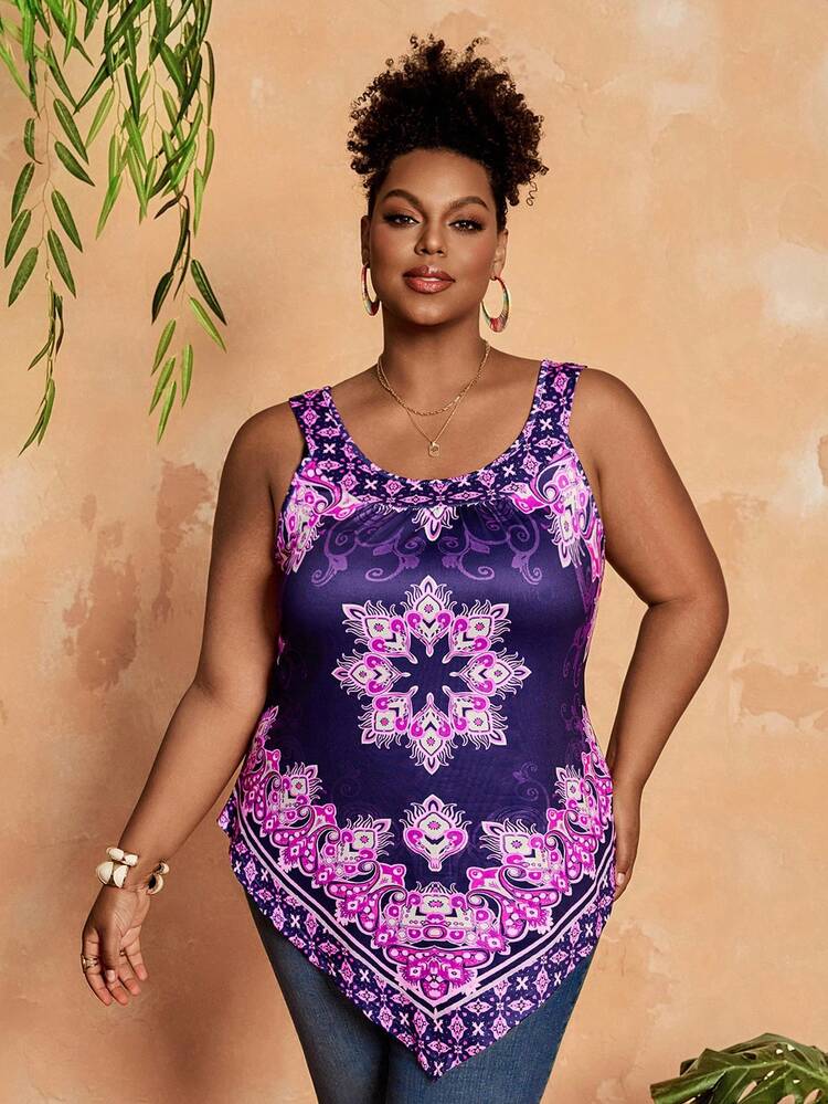 Plus Size Women Floral Print Casual Versatile Tank Top Women Plus Size Tops Plus Size Summer Clothes Women's Fashion Tops Summer Outfits Summer Clothes Spring Dress Spring Outfit Women Spring Clothing Beach Vacation Outfits For Women Vacation Dress Bohemian Festival Outfits For Women Beach Outfits For Women