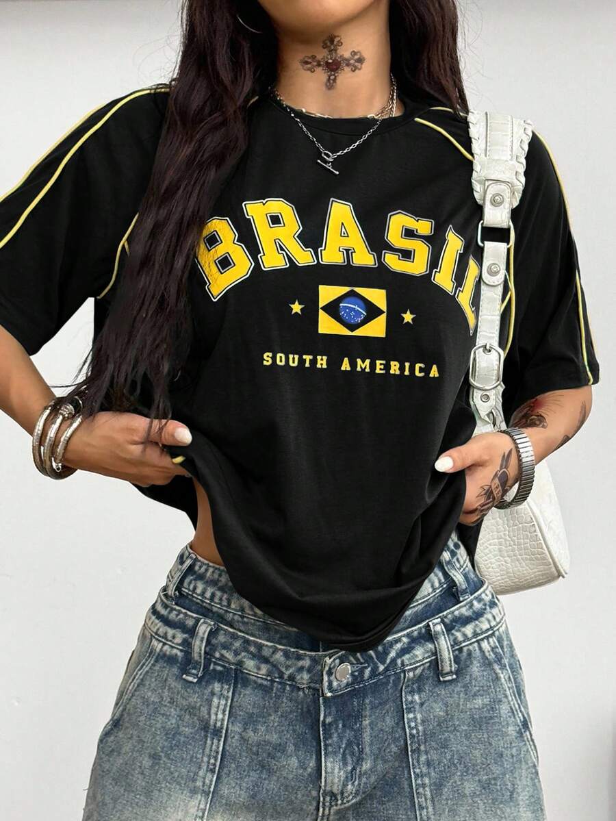 Coolane 女士加大码春夏及男士情侣同款街头风返校季棉质条纹纹理装饰加大码绿色针织T恤 - 黑色 - 查看 1