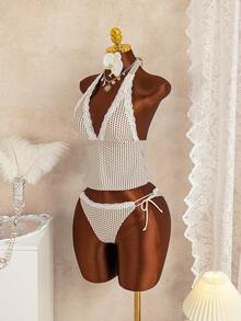 Swim Mod 女士沙滩音乐波点蕾丝边系带吊带泳衣套装，春夏可爱风 - 彩色 - 查看 5