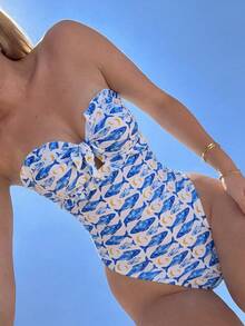 Swim Mod Women's Summer Vacation Fish Print Front Tie Bandeau One-Piece Swimsuit - Multicolor - View 1