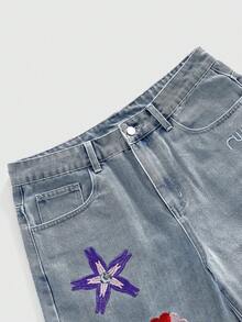 ROMWE MEN Men's Loose Straight Casual Washed Floral Embroidery Denim Shorts - Blue - View 3