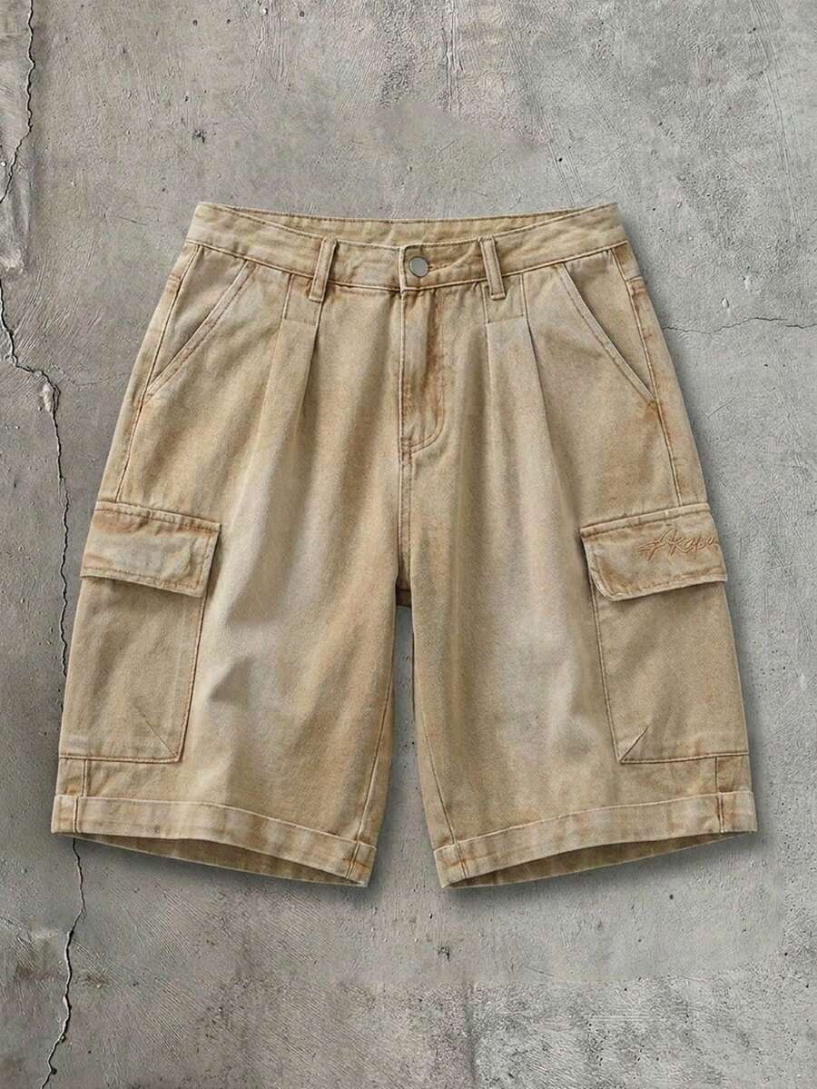 AXEPEAK Quần short denim ống rộng nam màu trơn, túi xéo, kiểu dáng thường ngày đa năng.