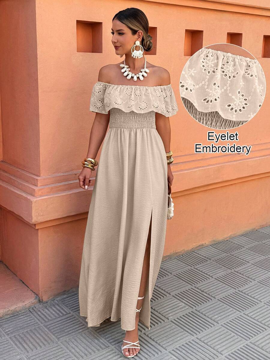 Flora Isola Flora Isola Women's Off Shoulder Ruffle Patchwork Dress, Suitable For Vacation/Casual Wear In Spring And Summer - Khaki - View 1