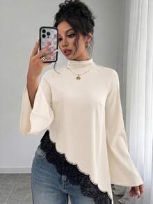 Elenzga Women's Asymmetric Hem Long Sleeve Contrast Lace Blouse - Apricot - View 4