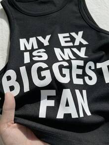 Comfortcana Plus Size Casual Slogan Print Sleeveless Round Neck Tank Top, Spring/Summer - Black - View 8
