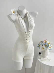 Elamini Bộ jumpsuit nữ in họa tiết Paisley, cổ chữ V khoét sâu, lưng chéo, chất liệu chun co giãn, thích hợp cho tiệc tùng phong cách Bohemian, mùa hè. - Màu be - Xem 6