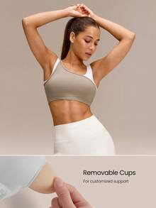GLOWMODE Ultrafine Soft Seamless Chase Your Glow Mock 2-Piece Style Removable Cups Sports Bra Medium Impact Training Running Gym Workout Daily Active Wear - Khaki - View 4