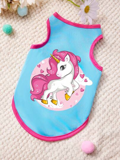 PETSIN 1 Unicorn Printed Pet Vest With Blue Stitching And Rose Red Soft And Breathable Comfortable Pet Clothing