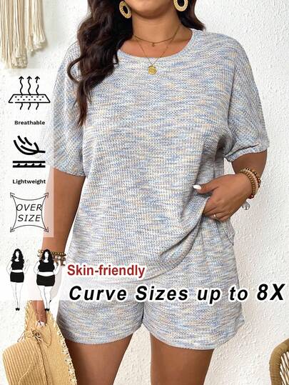 SHEIN CURVE+ Curve 尺码 US22 音乐节、海滨度假、波西米亚风两件套蝙蝠袖T恤和短裤，夏季