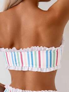SHEIN Swim Spring/Summer Beach Vacation Striped Print 2 Pieces Set, Ruched Neckline, Ruffled Hem Pants - Multicolor - View 5