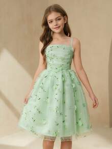 SHEIN Tween Girls' Green Floral Summer Elegant Vacation Mesh Formal Dress,Spaghetti Strap Off Shoulder Birthday Wedding Flower Girl Party Prom Dresses - Green - View 4