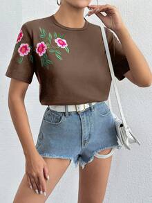 SHEIN Cottnline 100%纯棉花卉刺绣圆领T恤 - 棕色 - 查看 5