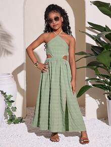 Tween Girls' Casual Vacation Halter Waist Hollow Out Dress - Green - View 5