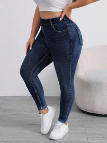 SHEIN Tall Women's Summer Casual High Waist Elastic Waist Denim Jeans Blue Stretch Slim Fit Tapered Pants With Pockets & Cuffed Hem Perfect For Daily & Streetwear Outfits Women's Casual Elastic Waist Pockets Versatile Daily Wear Jeans - Dark Wash - View 8