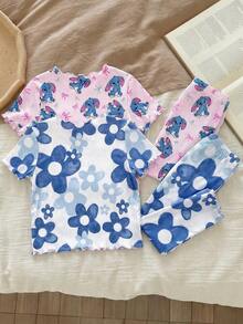 LMoss Kids Ensemble de pyjama à manches longues et pantalon pour jeunes filles, style ballerine, motif floral dégradé rose, imprimé nœud rose, lapin bleu Lulu et Stitch, convient pour l'été, le style streetwear, le style sportif décontracté de campus, le pique-nique en plein air, la sortie, la photographie de rue, la maison, le campus - Multicolore - Voir 2