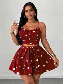 SHEIN Unity Set da due pezzi da donna taglie forti, elegante, con stampa a cuore, canotta con schiena scoperta e vita annodata, gonna a-line a farfalla midi, adatto per spiaggia, festa, festival musicale, primavera/estate, versatile - Multicolore - Visualizzare 5