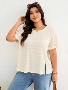 Lounesse 大码休闲纯色短袖T恤，侧开衩，夏季女式上衣，夏季休闲上衣，女士上衣，衬衫，T恤，女士上衣和衬衫 - 杏色 - 查看 3