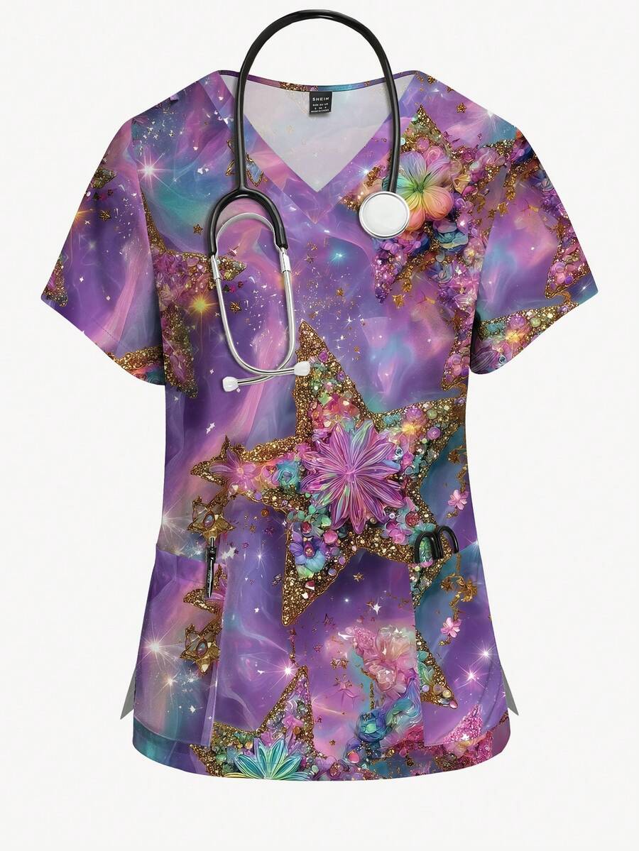 PopScrub 3D立体星形印花梦幻紫蓝色V领短袖时尚女式工作服上衣,春夏款 - 彩色 - 查看 1