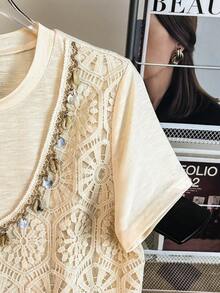 GlowEve 女士宽松休闲钩编圆领短袖T恤 - 杏色 - 查看 4