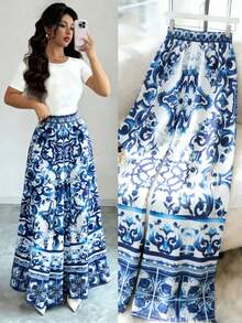 Elenzga Nuevos pantalones rectos elegantes con estampado de vacaciones para mujer - Multicolor - Ver 1