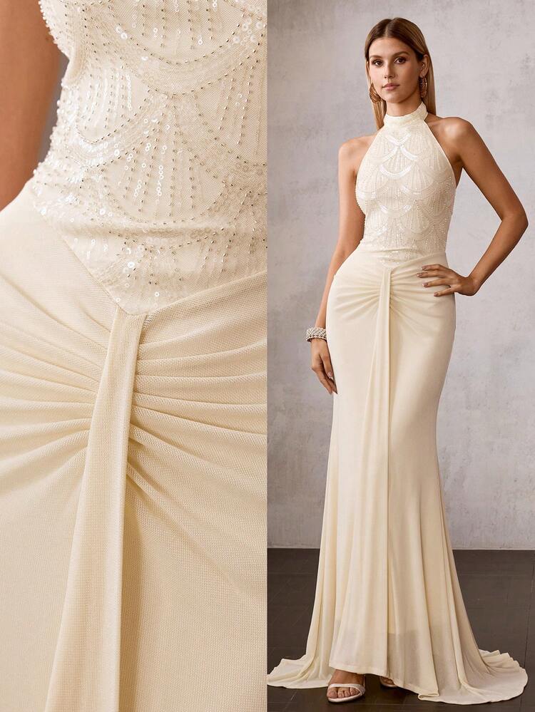 MOTF Soiréza BEADED & EMBROIDERED HALTER NECK FISHTAIL HEM FORMAL DRESS, SPRING/SUMMER