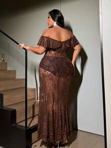 NU&NOW Vestido sexy de línea A con hombros descubiertos, diseño de encaje marrón y volantes en la cintura, adecuado para graduación, baile de graduación y cosplay, tallas grandes para mujeres, verano 2026 - Marrón - Ver 3