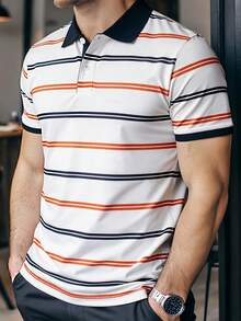 Manfinity Mode Camisa polo de hombre con estampado de rayas y cuello, adecuada para el hogar, salidas y uso en la oficina - Naranja - Ver 1