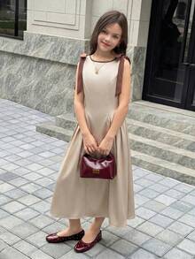SHEIN 青少年女孩拼色蝴蝶結收腰洋裝，米色夏季優雅派對休閒時尚百搭畢業季母親節返校儀式穿搭 - 彩色 - 查看 6