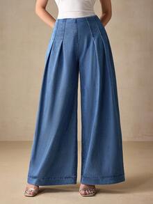 Selenza Quần jeans ống rộng cạp cao dáng rộng, chất liệu wash, cỡ lớn, kiểu dáng thường ngày. - Màu xanh lam - Xem 8