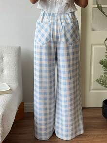 CovetEZ Quần ống rộng xếp ly kẻ caro có túi dành cho nữ, kiểu dáng thoải mái. - Màu xanh lam - Xem 2